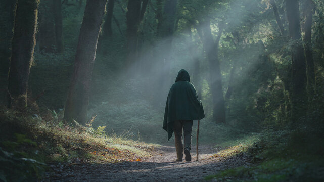 A mysterious hooded figure hiking alone on a foggy forest path, sunlight filtering through the trees in the forest. cinematic fantasy woodland scene