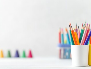 Fototapeta premium Colorful pencils in a white cup on a white desk with a blurred background of more pencils and art supplies, perfect for drawing, colo, or artistic projects