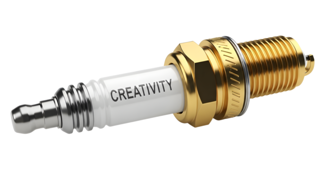 Spark Plug with Creative Word on White Background in Close Up