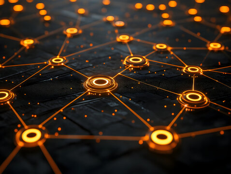 Low latency 5G technology – Abstract digital network with glowing orange connections on a dark background