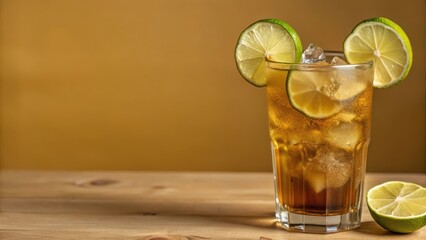 Fototapeta premium Close-up shot of a Long Island Iced Tea cocktail with a wedge of lime on the rim of a clear glass