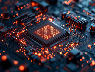 Low latency 5G technology – Close-up of a glowing microchip on a circuit board with intricate patterns and lights