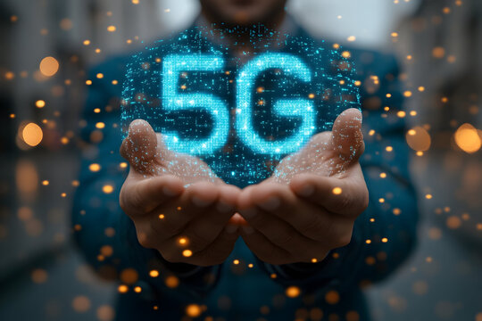 Low latency 5G technology – Businessman showcasing 5G technology with glowing particles in urban setting