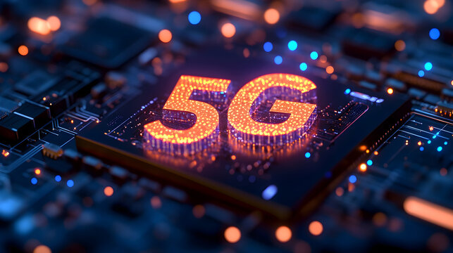 Low latency 5G technology – Close-up of a glowing 5G technology chip on a circuit board with vibrant details - Powered by Adobe