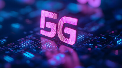 Low latency 5G technology – Futuristic 5G technology symbol glowing on a circuit board background