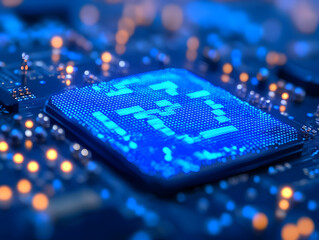 Low latency 5G technology – Close-up of a glowing microchip on a circuit board with blue lights and intricate patterns