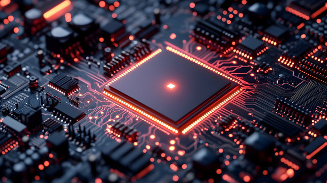 Low latency 5G technology – Close-up view of a glowing microchip on a circuit board with intricate details - Powered by Adobe