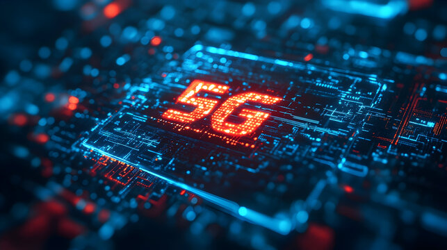 Low latency 5G technology – Futuristic digital circuit board design showcasing vibrant 5G technology visuals - Powered by Adobe