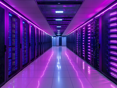 Low latency 5G technology – Futuristic data center corridor illuminated with vibrant purple lighting and sleek servers