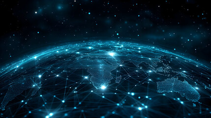 Low latency 5G technology – Global network connections illuminated over a digital earth with stars in background