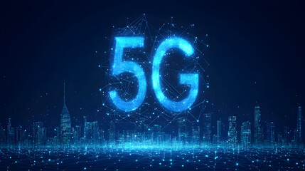 Low latency 5G technology – Futuristic city skyline illuminated by a glowing 5G network symbol at night