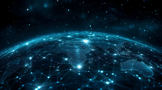 Low latency 5G technology – Global network connections illuminated over a digital earth with stars in background