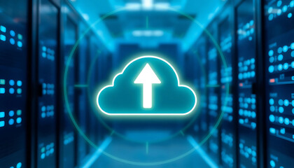  A Glowing Cloud Upload Icon in a Server Room for Data Transfer and Cloud Technology Concepts