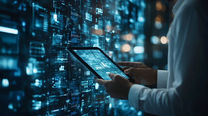 Low latency 5G technology – Person interacting with a digital tablet against a futuristic data wall backdrop