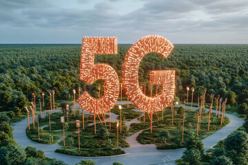 Low latency 5G technology – Large glowing 5G sign surrounded by lush green trees in a serene landscape