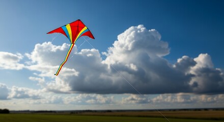 Colorful Red Blue Yellow Kite Flying in Blue Sky with Fluffy White Clouds over Green Field