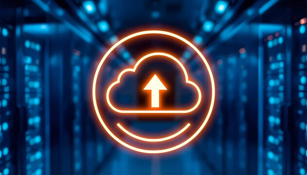  A Glowing Cloud Upload Icon in a Server Room for Data Transfer and Cloud Technology Concepts