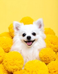 Happy white dog surrounded by yellow pom-poms