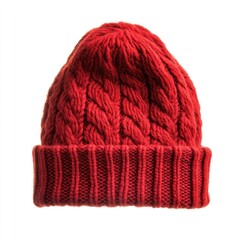 Red cable-knit beanie, studio shot