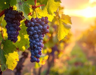 Fototapeta premium Bunch of ripe grapes hanging on vine