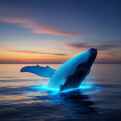 Fototapeta premium An enchanting and spiritual moment of connection with nature, a majestic glowing whale breaches in a sparkling, magical ocean at twilight.
