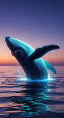 Fototapeta premium An enchanting and spiritual moment of connection with nature, a majestic glowing whale breaches in a sparkling, magical ocean at twilight.