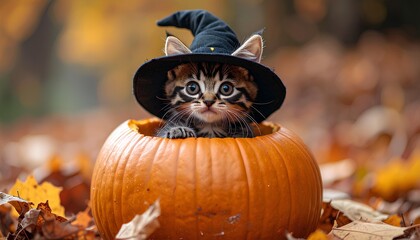 Spooky kitten magic: Halloween mischief in a pumpkin. Ghostly Manuscript. Illustration with witch hat, cauldron, potion, broomstick, spell, spellbook, crystal ball, magical black cat, moon, fantasy