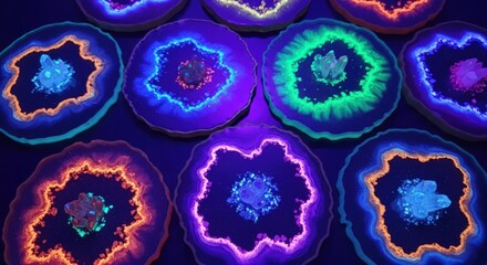 A collection of vibrant, glowing coral fragments illuminated under ultraviolet light, showcasing their intricate structures and fluorescent colors.