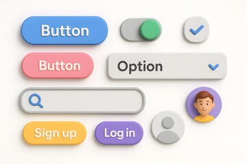 3D Illustration of Website UI Components on White Background