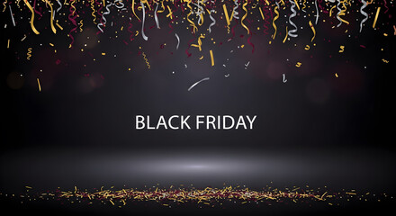 Naklejka premium Black Friday sale banner with confetti, sparkles, and dramatic lighting for promotional marketing campaigns