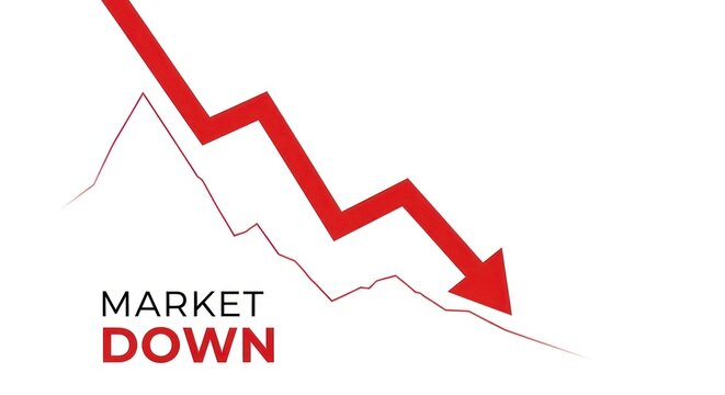 Red arrow showing market decline and economic downturn on a white background