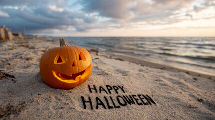 Halloween Pumpkin Glow in Beach Corner with Message Written in Sand and Ocean Backdrop – perfect for spooky holiday decor