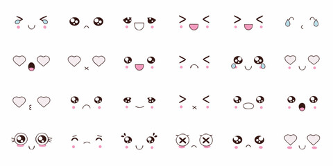 Collection of cute kawaii faces expressing various emotions and feelings with simple line art style