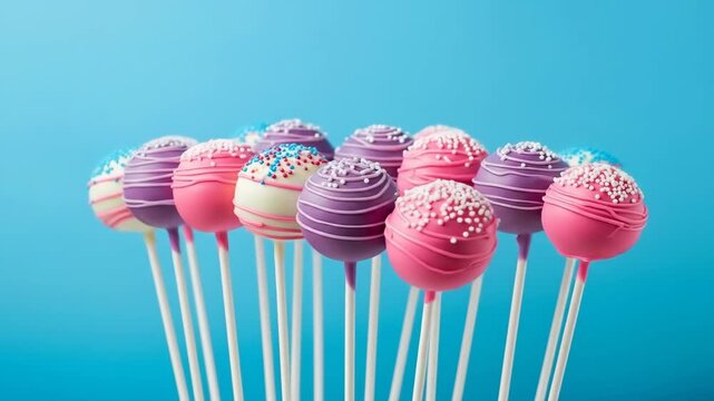 Colorful cake pops with sprinkles on blue background, confectionery treat