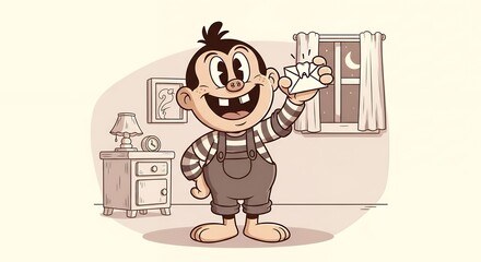 Happy Cartoon Boy Wearing Striped Shirt Holding Letter in Cozy Room at Night