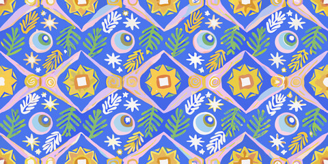 Whimsical folk art pattern with eyes stars and floral motifs on blue background