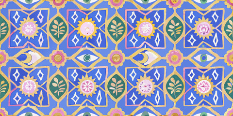 Whimsical boho pattern with celestial eyes sun moon and floral motifs