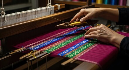 Fototapeta premium Close-up of hands weaving a colorful textile on a traditional wooden loom, showcasing intricate patterns and vibrant threads.