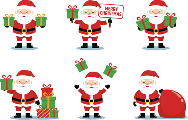 Cute Santa Claus cartoon collection holding Christmas gifts, carrying presents, juggling boxes, holiday sack, and festive Merry Christmas sign illustration