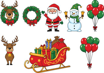 Christmas festive illustration with Santa Claus, snowman, reindeer, sleigh full of gifts, holiday wreaths, and colorful balloons decoration