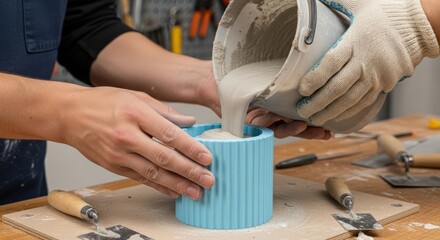 Two people are pouring a white liquid into a blue ribbed mold on a wooden table, with tools scattered around.