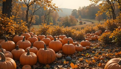 Autumnal Pumpkin Patch: Harvest Scene with Golden Foliage and Landscape