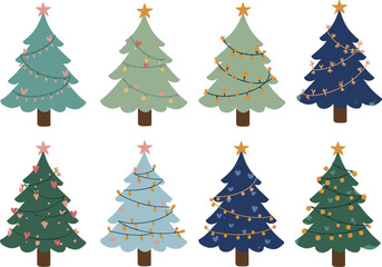 Set of cute decorated Christmas trees with stars, ornaments, fairy lights, festive colors, holiday celebration, winter decoration, and joy