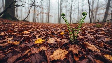 Obraz premium Two new fern fiddleheads sprouting up through a thick carpet of fallen autumn leaves in a foggy forest.