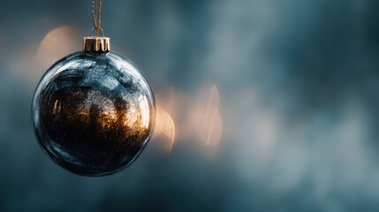 Shiny black Christmas ornament hangs against blurred background, reflecting warm light. ornament surface showcases beautiful interplay of colors, evoking festive atmosphere
