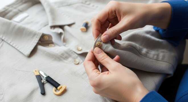 A person's hands are shown sewing a button onto a light-colored shirt with a needle and thread.