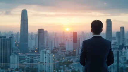 Fototapeta premium Businessman Standing with Back View Overlooking Modern City Skyline at Sunset with Tall Buildings and Urban Landscape for Corporate and Professional Concept
