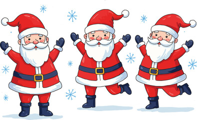 Cute cartoon Santa Claus trio, Christmas holiday illustration with snowflakes, festive winter celebration, joyful Santa characters, holiday season decoration design