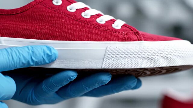 Close-up of Red Canvas Shoe Sole Detail, Quality Inspection