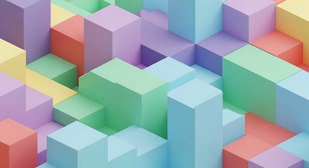 Abstract geometric composition featuring a vibrant array of colorful, stacked, and interlocking blocks, creating a visually engaging pattern.